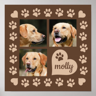 3 Foto Collage Hond Naam Bruin Hart Poster
