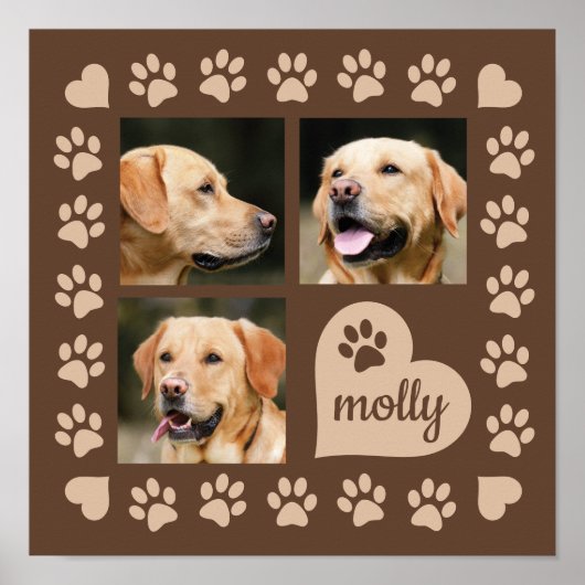 3 Foto Collage Hond Naam Bruin Hart Poster (Voorkant)