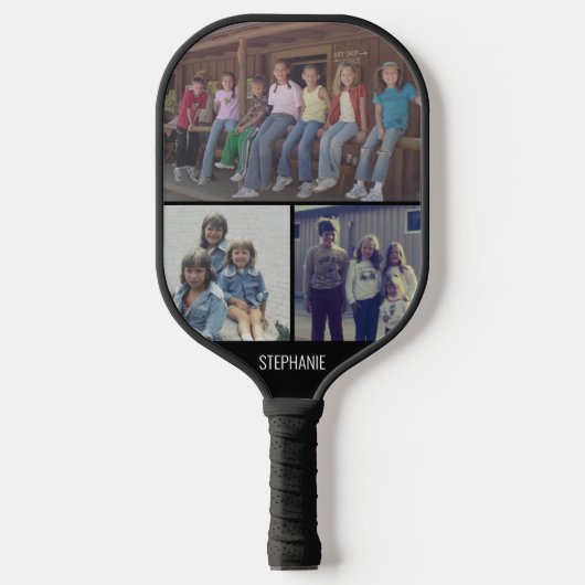 3 Foto collage met naam - zwart wit Pickleball Paddle (Voorkant)