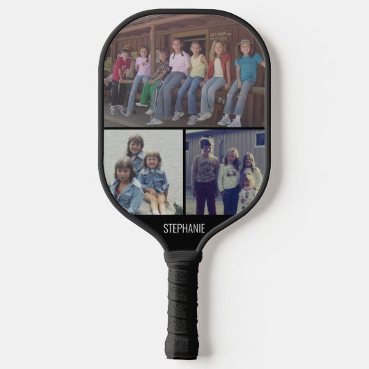 3 Foto collage met naam - zwart wit Pickleball Paddle (Achterkant)
