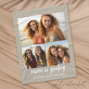 3 foto collage met script tekst - taupe wit fleece deken