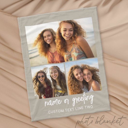 3 foto collage met script tekst - taupe wit fleece deken