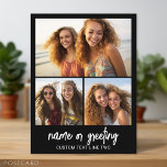 3 Foto collage met Script-tekst - zwart wit Briefkaart<br><div class="desc">Een leuke manier om herinneringen vast te leggen en te delen met vrienden. Voeg een horizontale foto,  2 vierkante foto's en uw favoriete titel toe om een cool cadeau voor vrienden te maken.</div>