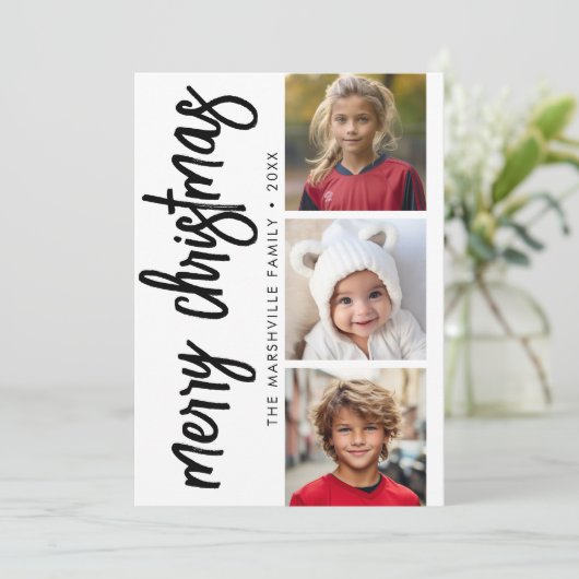 3 Foto Collage Minimale Rejoice Merry Kerstmis Feestdagenkaart (Staand voorkant)