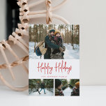 3 Foto collage minimalistisch modern wit rood Feestdagenkaart<br><div class="desc">Volledig aanpasbaar 3 fotomalplaatje met ruimte voor foto en tekst op rug. Het voorzien van moderne doopvonten,  elegante lay-out,  en sneeuwpatroon op de rug.</div>