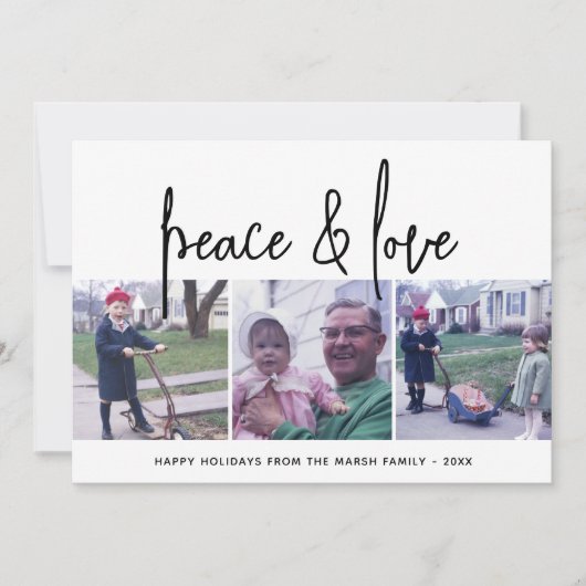 3 Foto Collage Mod Script Black White Peace Love Feestdagenkaart (Voorkant)