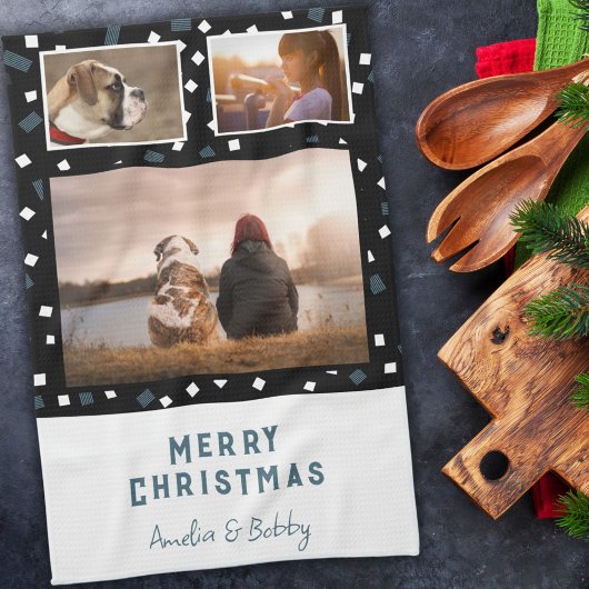 3 Foto Collage Modern Black White Blue Kerstmis Theedoek