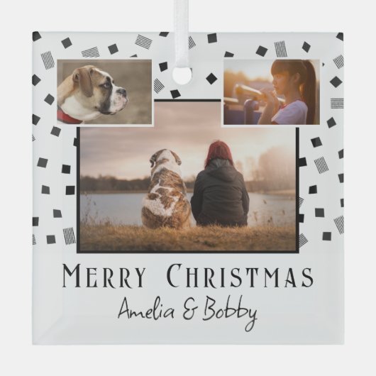 3 Foto Collage Modern Black White Kerstmis Glas Ornament (Voorkant)