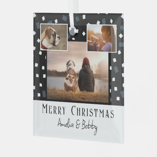 3 Foto Collage Modern Black White Kerstmis Glas Ornament (Voorkant links)