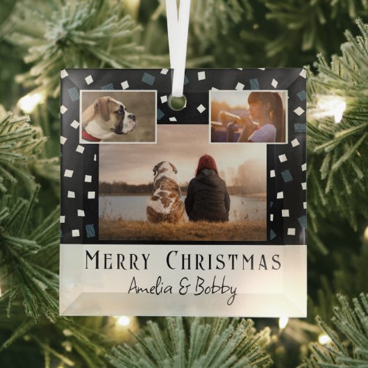 3 Foto Collage Modern Black White Kerstmis Glas Ornament (Insitu)