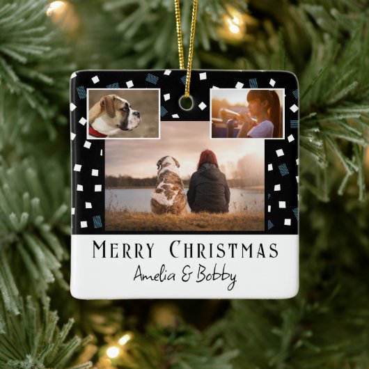 3 Foto Collage Modern Black White Kerstmis Keramisch Ornament (Boom)