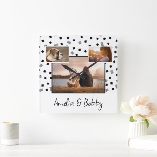 3 Foto Collage Modern Black White Kerstmis Vierkante Klok (Huis)