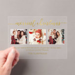 3 Foto Collage Modern Script "Kerst van de Kroniek Acryl Uitnodigingen<br><div class="desc">3 Foto Collage Modern Script "Merriest Kerstmis" Holiday Kaart</div>