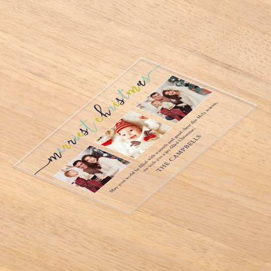 3 Foto Collage Modern Script "Kerst van de Kroniek Acryl Uitnodigingen (Laagn)