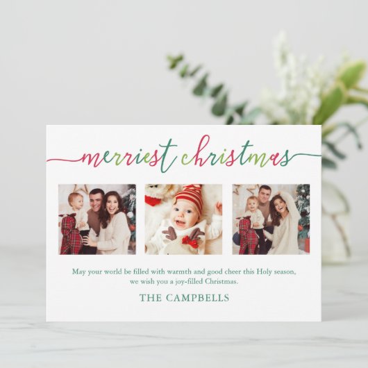 3 Foto Collage Modern Script "Kerst van de Kroniek Feestdagenkaart (Staand voorkant)