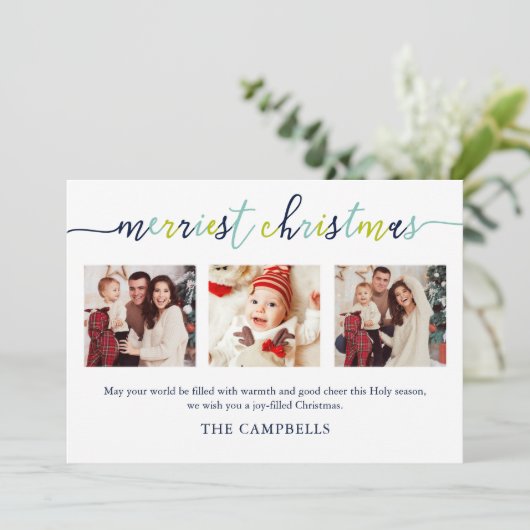 3 Foto Collage Modern Script "Kerst van de Kroniek Feestdagenkaart (Staand voorkant)