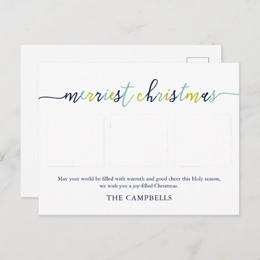 3 Foto Collage Modern Script "Kerst van de Kroniek Feestdagenkaart (Voorkant / Achterkant)