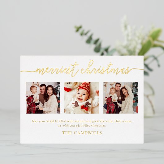 3 Foto Collage Modern Script "Kerst van de Kroniek Folie Uitnodiging (Staand Voorkant)