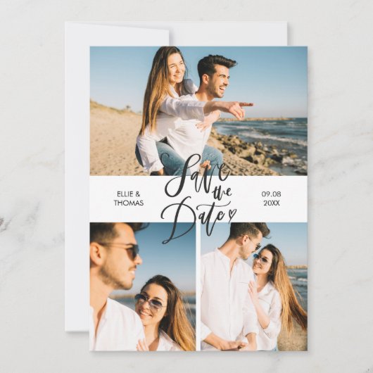 3 Foto Collage Modern Script Save the Date Kaart (Voorkant)