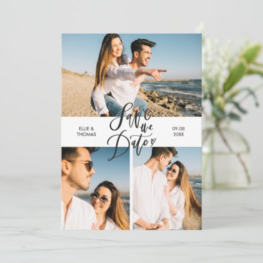 3 Foto Collage Modern Script Save the Date Kaart (Staand voorkant)