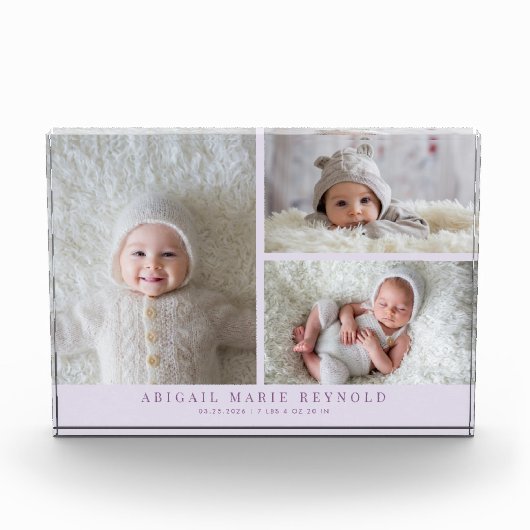 3 Foto Collage Paars Nieuw Baby Aandenken (Voorkant)