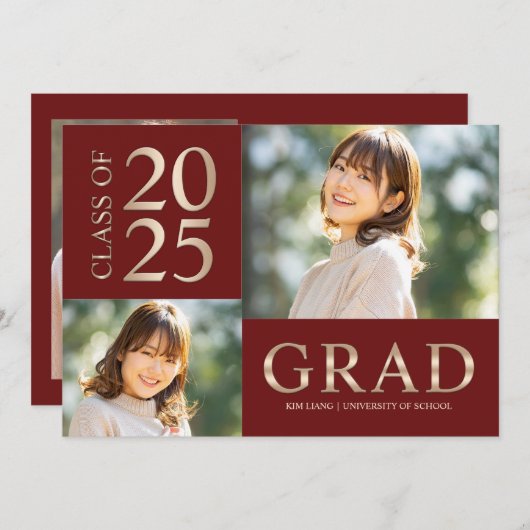 3 Foto Collage Rood & Beige Afstudeerfeest Kaart (Voorkant / Achterkant)