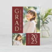 3 Foto Collage Rood & Beige Afstudeerfeest Kaart (Staand voorkant)
