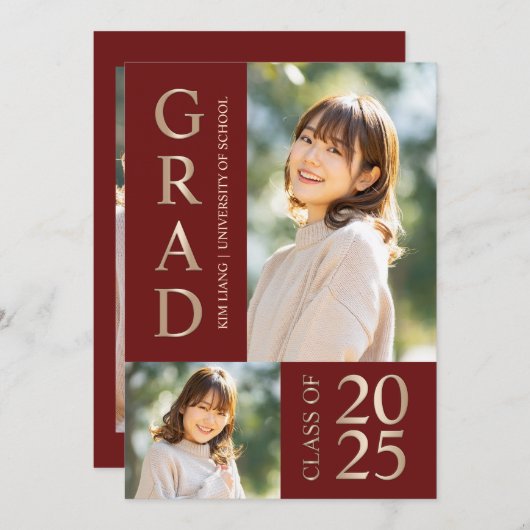 3 Foto Collage Rood & Beige Afstudeerfeest Kaart (Voorkant / Achterkant)