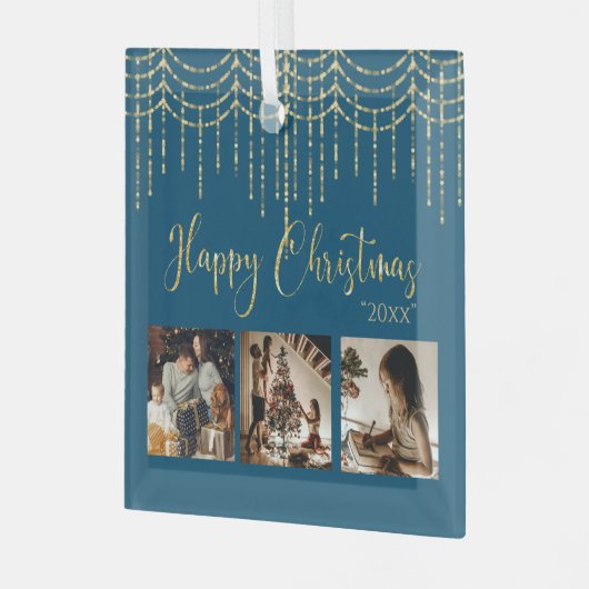 3 Foto Collage Rustic Blue Garland Lichten Glas Ornament (Voorkant links)