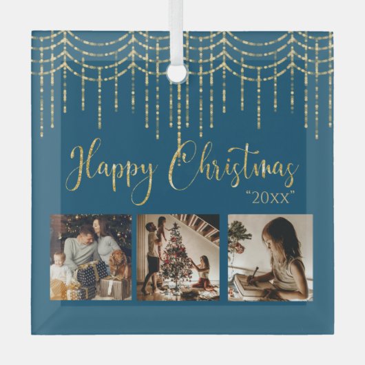 3 Foto Collage Rustic Blue Garland Lichten Glas Ornament (Voorkant)