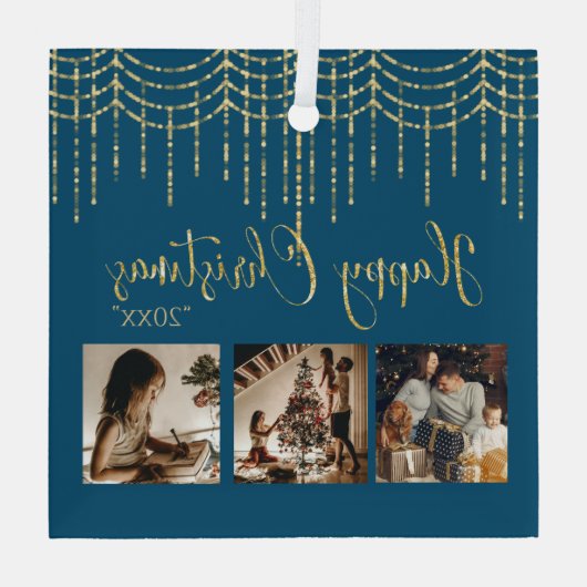 3 Foto Collage Rustic Blue Garland Lichten Glas Ornament (Achterkant)