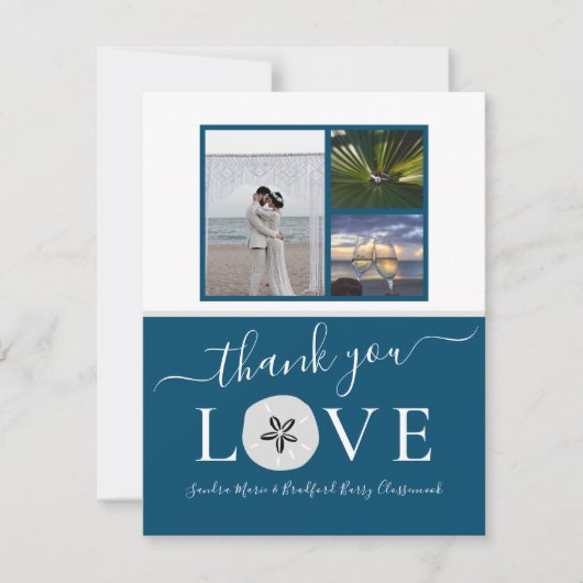 3 Foto collage Sanddollar Blue Weddenschap Bedankkaart (Voorkant)