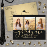 3 Foto Collage Script Black en Gold Afstuderen Aankondigingskaart<br><div class="desc">Deel de vreugde van een middelbare school of universitair diploma met deze aangepaste 3 aankondigingen van foto's collage zwart-gouden briefkaart. Alle afbeeldingen en formuleringen zijn eenvoudig te personaliseren. (AFBEELDING PLACEMENT TIP: Een gemakkelijke manier om een foto precies te centreren hoe u wilt is het te bebouwen alvorens aan de website...</div>