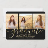 3 Foto Collage Script Black Gold Graduparty Kaart (Voorkant)
