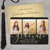 3 Foto Collage Script Black Gold Graduparty Kaart