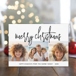 3 Foto Collage Script Black White Merry kerst Feestdagenkaart<br><div class="desc">Een vrolijke en heldere vakantiegroet met een rustige doopvont van de manuscriptkalligrafie. Een moderne middeleeuwse geest met een geometrisch patroon op de rug. Dit niet-traditionele ontwerp is een nieuwe aanpak die je familiefoto's laat zien.</div>