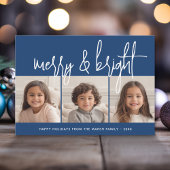 3 Foto Collage Script blue Merry Bright Feestdagenkaart