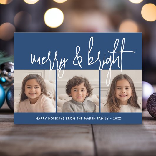 3 Foto Collage Script blue Merry Bright Feestdagenkaart