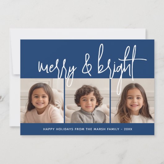 3 Foto Collage Script blue Merry Bright Feestdagenkaart (Voorkant)