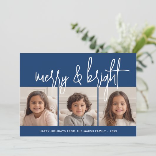 3 Foto Collage Script blue Merry Bright Feestdagenkaart (Staand voorkant)