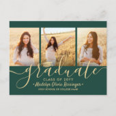 3 Foto Collage Script Green en Gold Afstuderen Aankondigingskaart (Voorkant)
