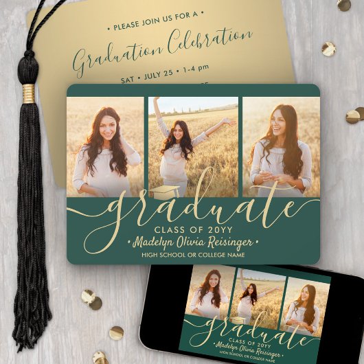 3 Foto Collage Script Green Gold Graduparty Kaart