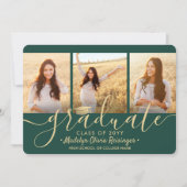 3 Foto Collage Script Green Gold Graduparty Kaart (Voorkant)