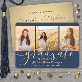3 Foto-Collage Script Navy Gold Graduparty Kaart