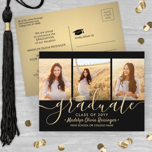 3 Foto Collage Script Zwart en Goud Afstuderen Aankondigingskaart