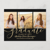 3 Foto Collage Script Zwart en Goud Afstuderen Aankondigingskaart (Voorkant)