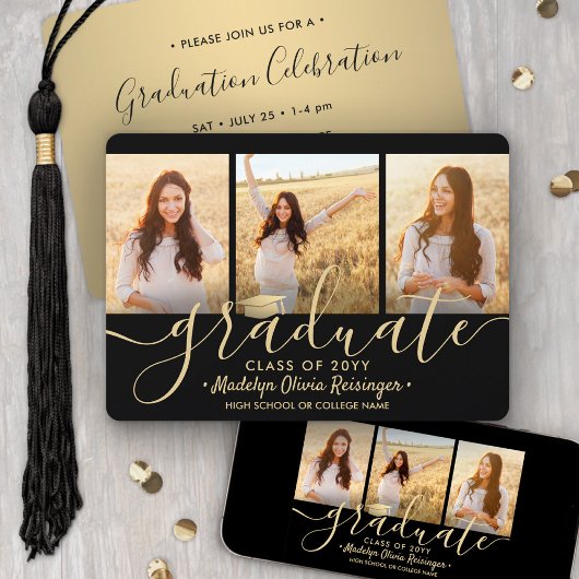 3 Foto Collage Script Zwart Goud Afstudeerfeest Kaart