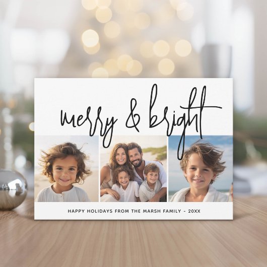 3 Foto Collage Script zwart wit Merry Bright Feestdagenkaart