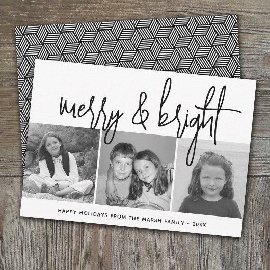 3 Foto Collage Script zwart wit Merry Bright Feestdagenkaart
