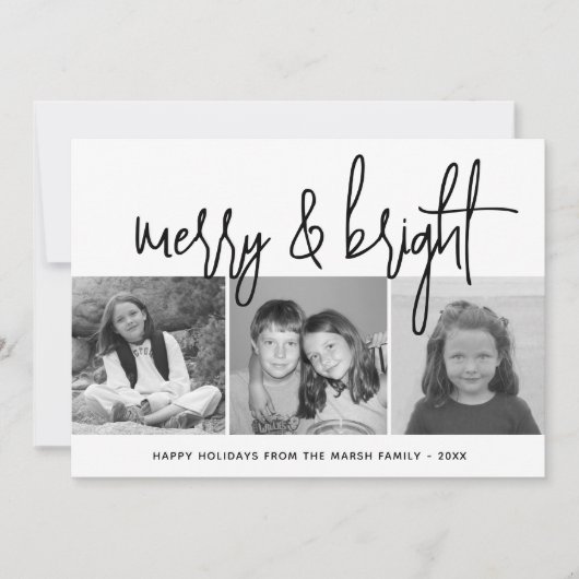 3 Foto Collage Script zwart wit Merry Bright Feestdagenkaart (Voorkant)